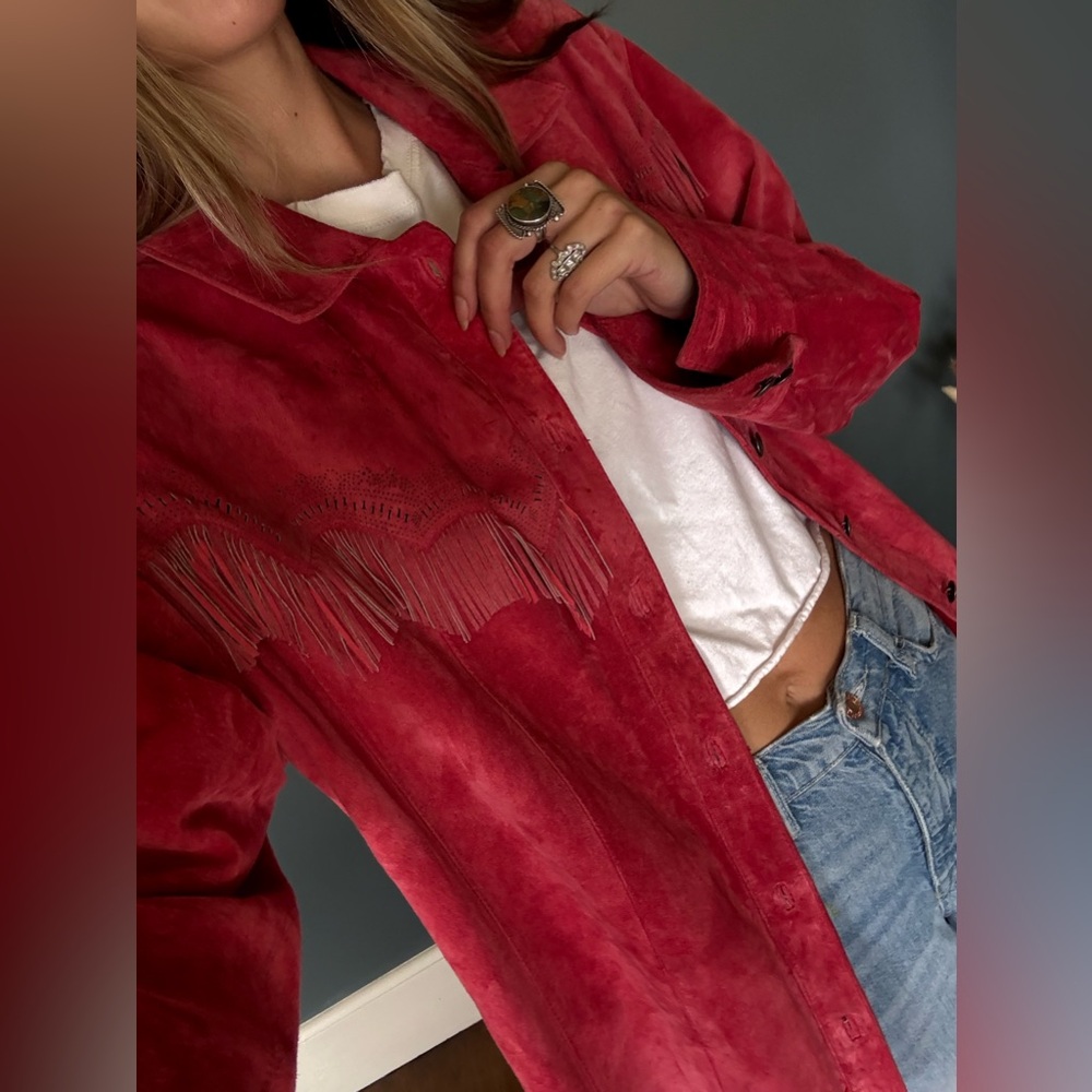 Chico’s western Vermillion Suede Fringed Jacket coral pink sz 3 - Picture 16 of 16
